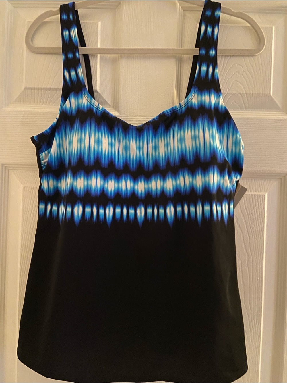 Reebok Black Tankini Swim Top with Blue and White Wave Print